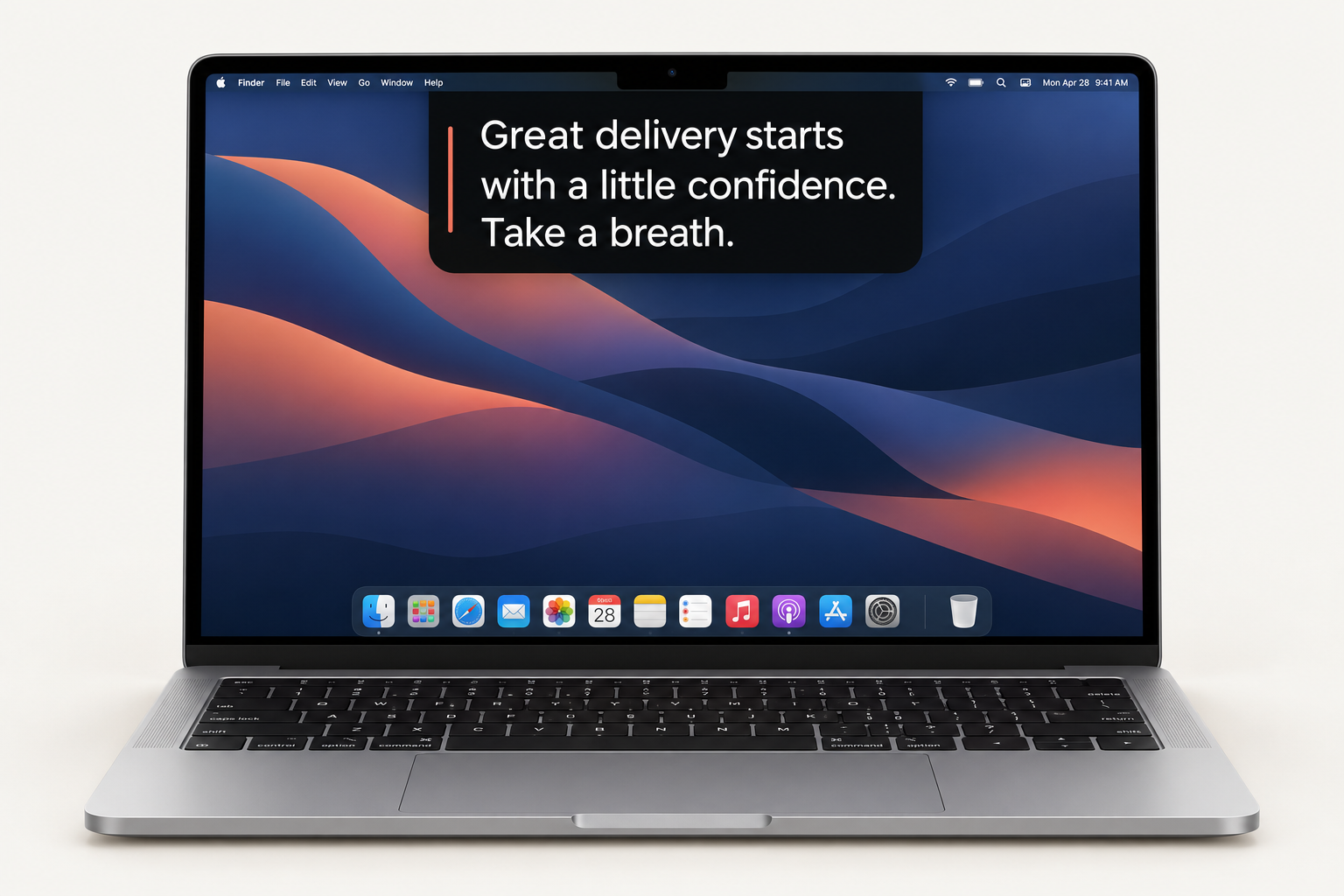 Product illustration of Cue’s prompter open near the camera on a MacBook display